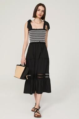 PETER SOM COLLECTIVE Black White Lace Detail A-Line Smocked Midi Dress Size S